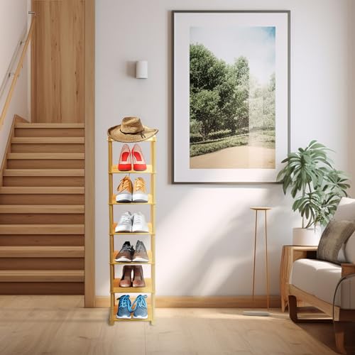 Vutlue Vertical Bamboo Shoe Rack, 7 Tier Narrow Free Standing Shoe Rack Organizer for Entryway, Skinny Standing Shoe Rack Shelf for Bedroom Closet Small Spaces