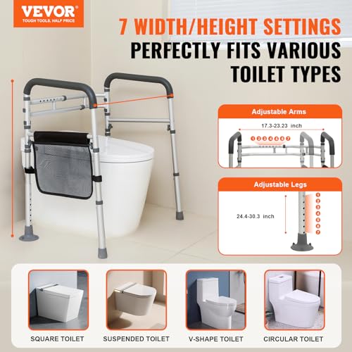 VEVOR Toilet Safety Rail, Folding Toilet Seat Frame, Adjustable Detachable Fit Most Toilets, Heavy 300lbs Capacity Duty Medical Bathroom Toilet Handrails Stand Alone for Handicap, Elderly, Disabled