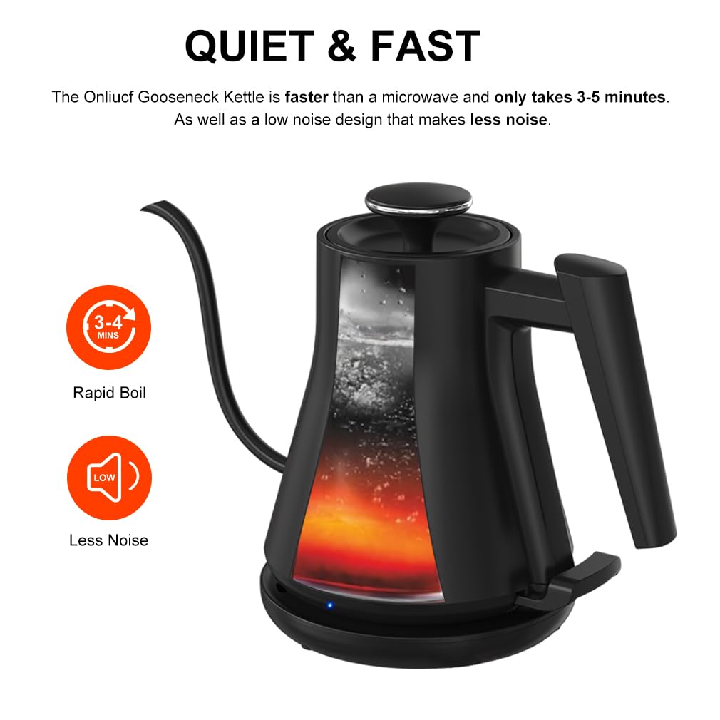 Onlicuf Electric Gooseneck Kettle, Pour Over Coffee & Tea Kettle, 304 Stainless Steel Water Boiler, Rapid Boil,Auto-Off, Boil Dry Protection,BPA-Free,Matte Black