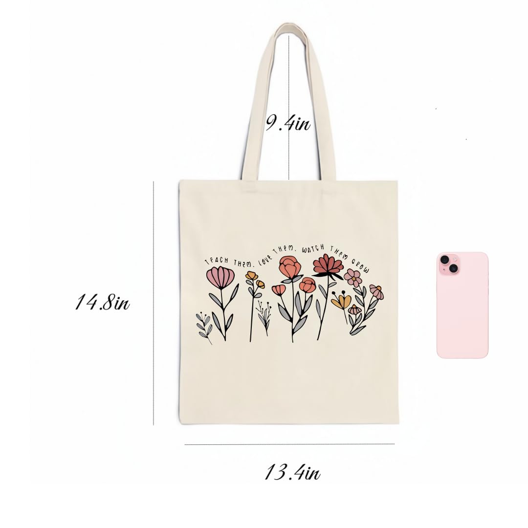 Glowave Canvas Tote Bag with Flower Pattern Teacher Tote Bag Beach Bag Cute Shopping Bags Shoulder Bag Reusable Grocery Bags