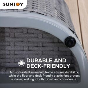 Sunjoy Rust-proof Aluminum Pool Float Storage Rack, 16-Inch Outdoor Wicker Poolside Float Organizer, Pool Float Caddy for Cushions, Floaties, Noodles, Pool Toys, Grey