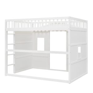 Harper & Bright Designs House Loft Bed Full Size Kids Playhouse Bed, Solid Wood Loft Bed Frame with Window and Ladder, for Girls Boys (Full Size, White)