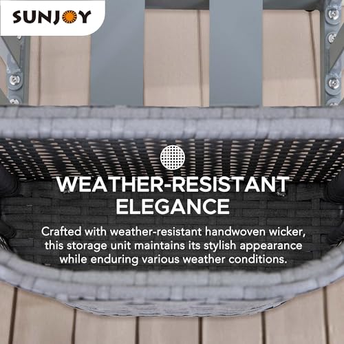 Sunjoy Rust-proof Aluminum Pool Float Storage Rack, 16-Inch Outdoor Wicker Poolside Float Organizer, Pool Float Caddy for Cushions, Floaties, Noodles, Pool Toys, Grey