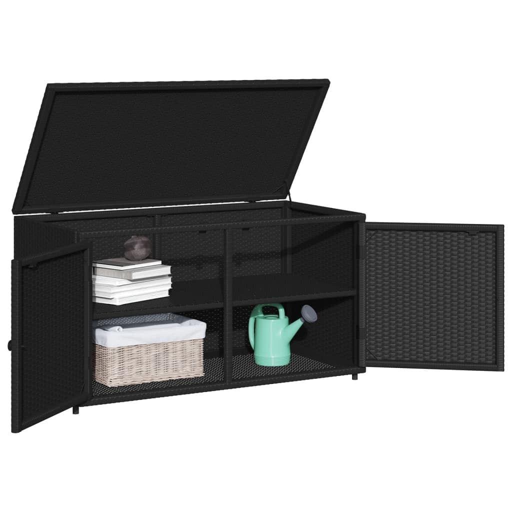 vidaXL Patio Storage Cabinet in Black – Outdoor Poly Rattan Organizer with Robust Steel Frame for Garden, Deck, Poolside – 43.3"x21.7"x23.8"