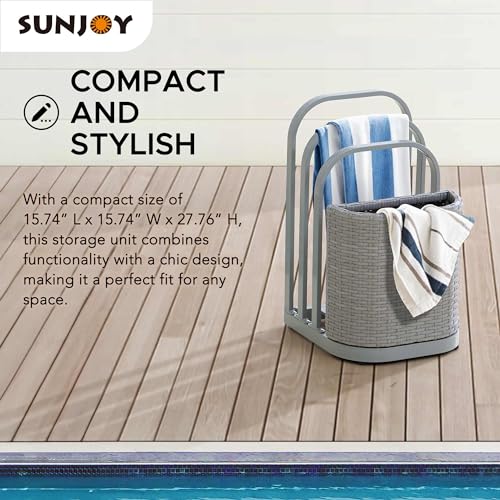 Sunjoy Rust-proof Aluminum Pool Float Storage Rack, 16-Inch Outdoor Wicker Poolside Float Organizer, Pool Float Caddy for Cushions, Floaties, Noodles, Pool Toys, Grey