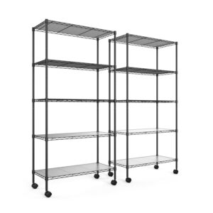 pouseayar 5 tier nsf metal shelf wire shelving unit, 60" h x 30" l x 14" d - 750lbs capacity heavy duty adjustable storage rack with wheels & shelf liners - black set of 2