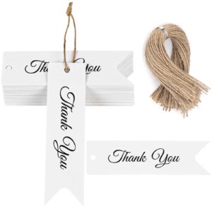 sallyfashion 100pcs mini thank you gift tags, 2.8 x 0.8 inch white paper tags with string present tags for gift craft wedding business