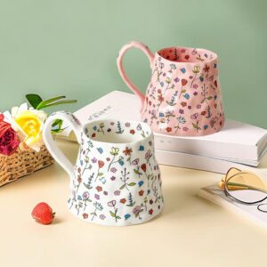 Large Ceramic Coffee Mug Cute Flower with Handmade Big Handle, 21.1oz/600ml Girly Pink Floral Tea Cup for Women Gift, Novelty Irregular Oversized Mugs for Latte Tea Milk Cocoa