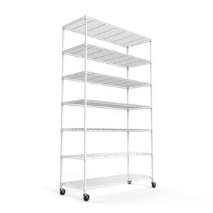 heavy-duty wire shelving unit - 7-tier, 2450lbs capacity, nsf certified, adjustable metal storage rack with wheels & liners, 82"h x 48"l x 18"d - ideal for kitchen, garage, closet, basement - white