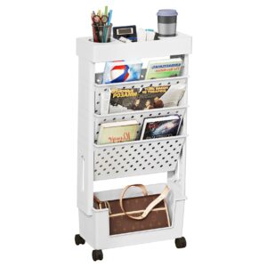 pobomuli 5-tier bookshelf, book storage organization with wheels mobile rolling bookshelves cart for home office kids’ study room school, white