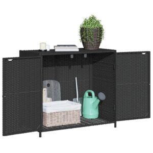 vidaXL Black Poly Rattan Outdoor Storage Cabinet with Powder-Coated Steel Frame – Ample Garden/Patio Organizing Space, Weather-Resistant