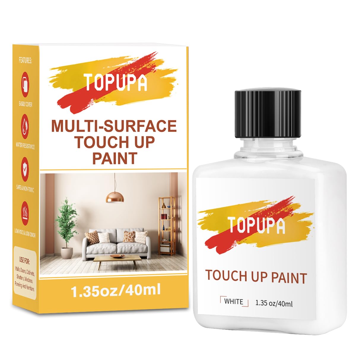 TOPUPA White Touch Up Paint, Cabinet Furniture Paint,40ml Multi-Surface Paint for Wall with Brush Waterproof and Quick Drying, Brush in Bottle for Home Repairs, Walls,Door, Kitchen,Wood,Fence,Ceiling