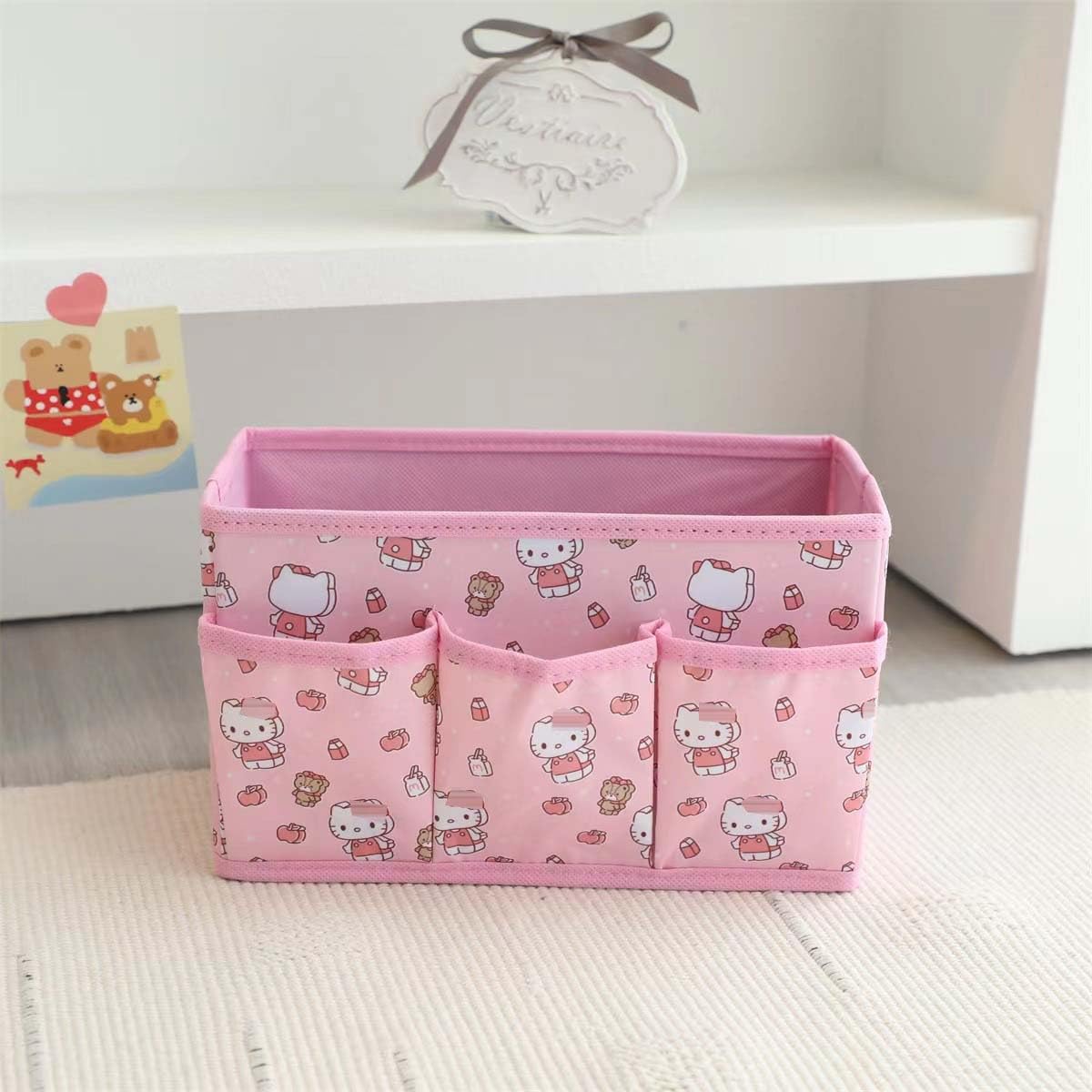 Kawaii Collapsible Storage Bin, Cute 4 Grids Storage Box Makeup Holder Office Desk Organizer Room Decor for lipstick，makeup brush，hair accessories...