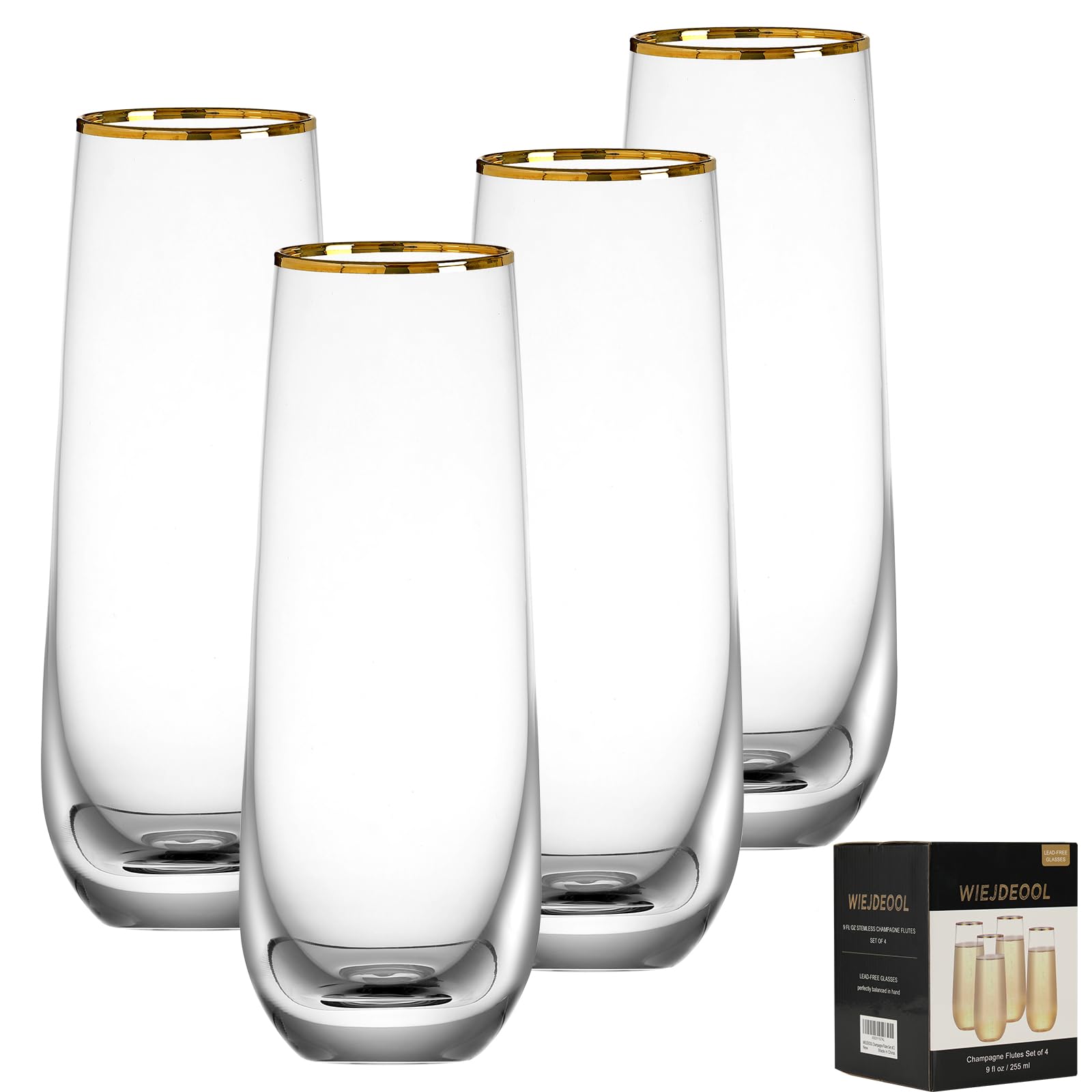 DORELINA Stemless Champagne Flutes Set of 4, Gold Rim Champagne Glasses, Best Gift