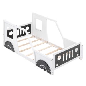 Floor Bed Twin Size Car-Shaped Platform Bed with Wheels, Montessori Bed Frame with Fence and Door, Solid Wood Twin Bed Frame, Slats Included, No Box Spring Needed (Twin Size, White)