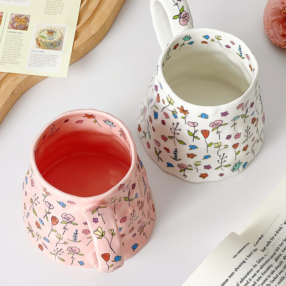 Large Ceramic Coffee Mug Cute Flower with Handmade Big Handle, 21.1oz/600ml Girly Pink Floral Tea Cup for Women Gift, Novelty Irregular Oversized Mugs for Latte Tea Milk Cocoa