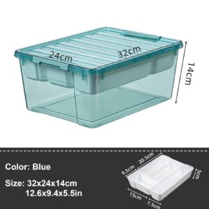 WeiMeet Large Plastic Storage Box with Removable Tray Caddy Clear Art Supply Organizer Playroom Container Organizer Plastic Storage Bin with Lid for Bead Crayon Tool Sewing Supplies(Blue)