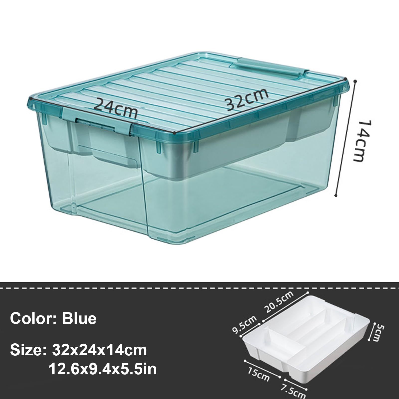 WeiMeet Large Plastic Storage Box with Removable Tray Caddy Clear Art Supply Organizer Playroom Container Organizer Plastic Storage Bin with Lid for Bead Crayon Tool Sewing Supplies(Blue)