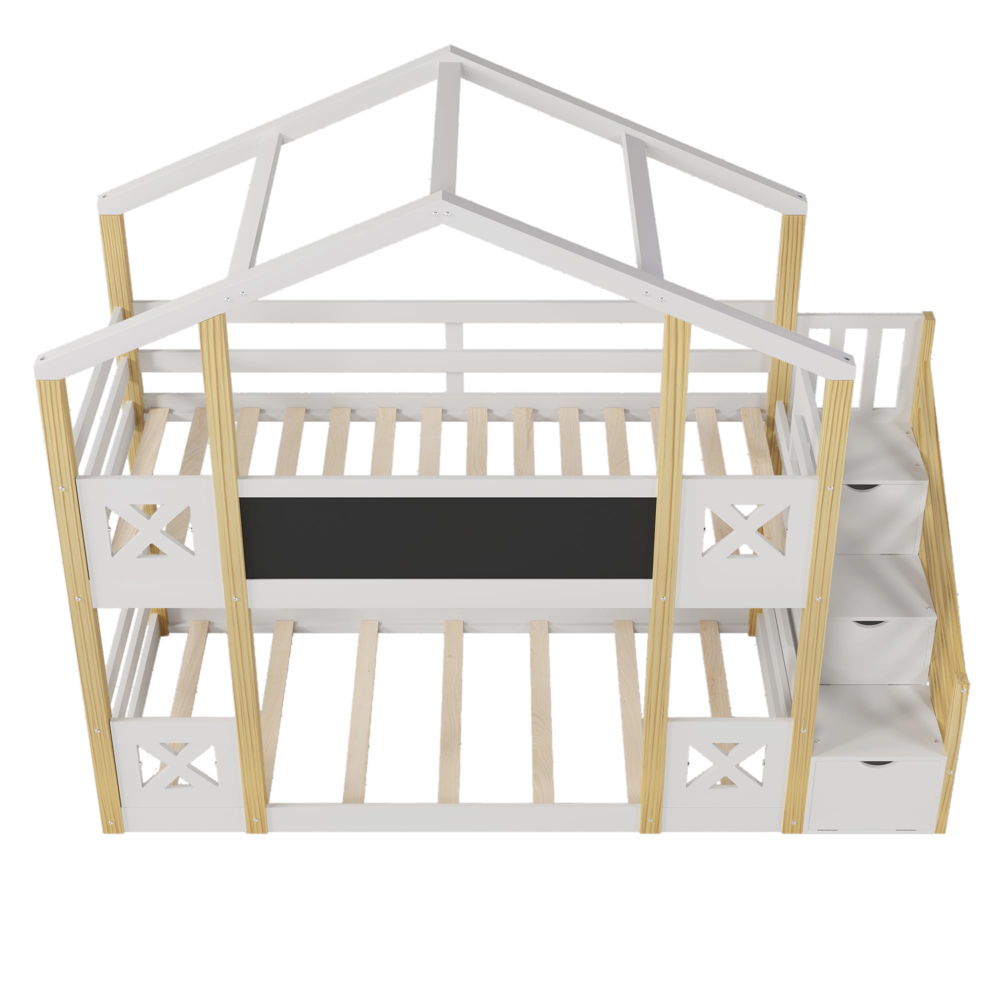 Harper & Bright Designs Twin Over Twin Floor Bunk Bed with Stairs, Wood House Bunk Bed Frame with Storage Staircase and Blackboards, for Kids Girls Boys, White and Natural