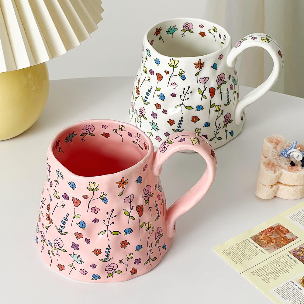 Large Ceramic Coffee Mug Cute Flower with Handmade Big Handle, 21.1oz/600ml Girly Pink Floral Tea Cup for Women Gift, Novelty Irregular Oversized Mugs for Latte Tea Milk Cocoa