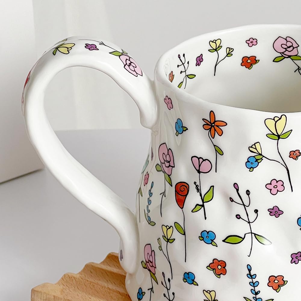 Large Ceramic Coffee Mug Cute Flower with Handmade Big Handle, 21.1oz/600ml Girly Pink Floral Tea Cup for Women Gift, Novelty Irregular Oversized Mugs for Latte Tea Milk Cocoa