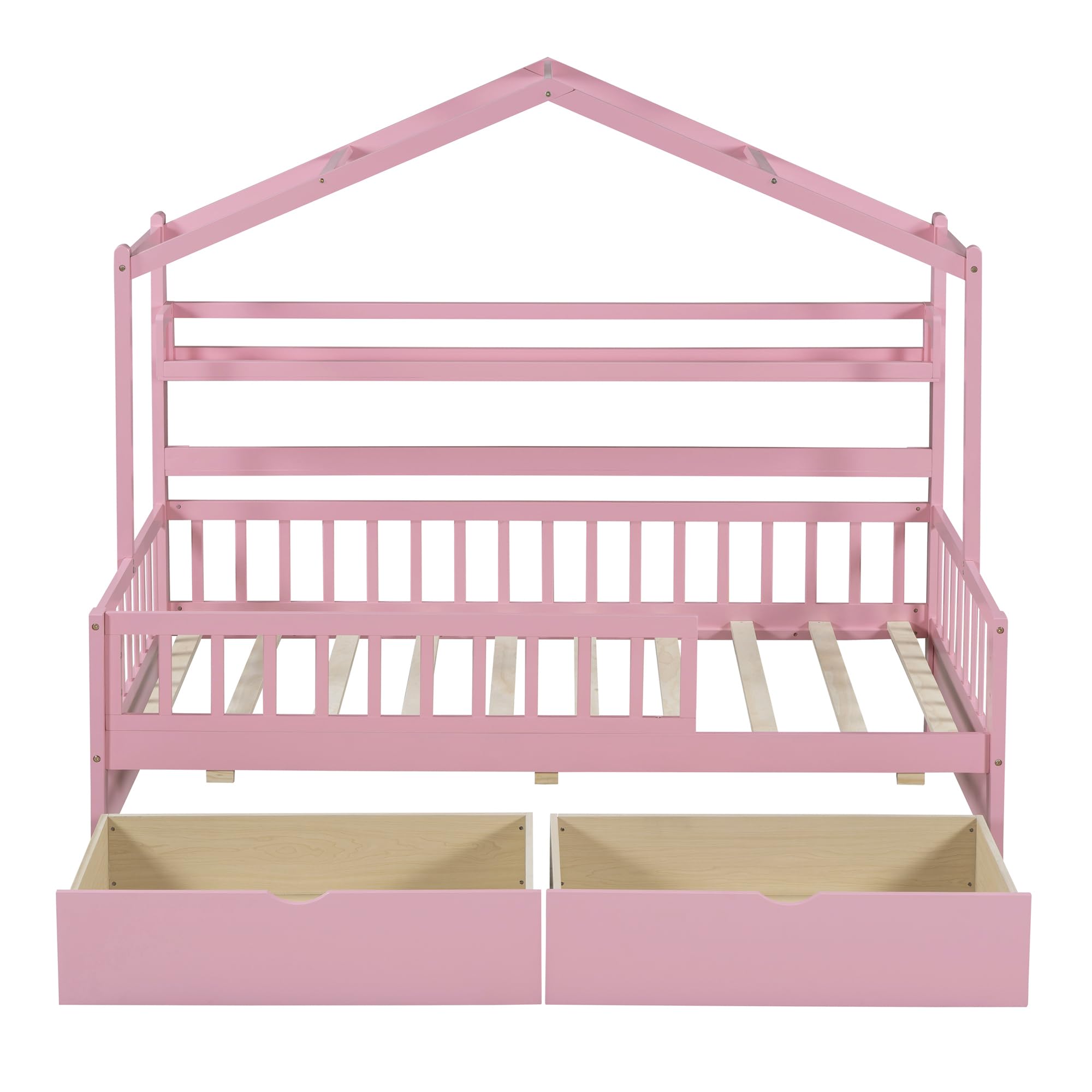 Merax Twin Bed Frames with 2 Drawers Storage Shelf Guardrail, Wooden House Shaped Platform Bed for Kids, No Box Spring Needed