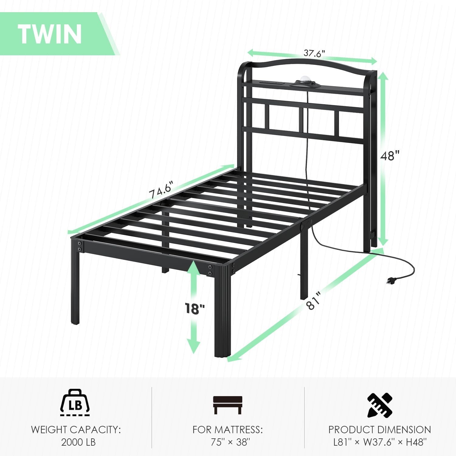 QEROMY Twin Size Bed Frame - Storage Headboard with Galaxy Aurora Star Projector & Charging Station, 18in Heavy Duty Metal Bed Frame No Box Spring Needed, Easy Assembly