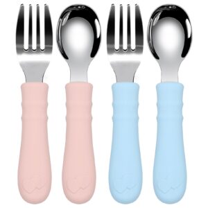 haksen baby forks and spoons set, 4 pcs child and toddler safe flatware, perfect length for baby spoons self feeding, stainless steel cutlery with silicone handle