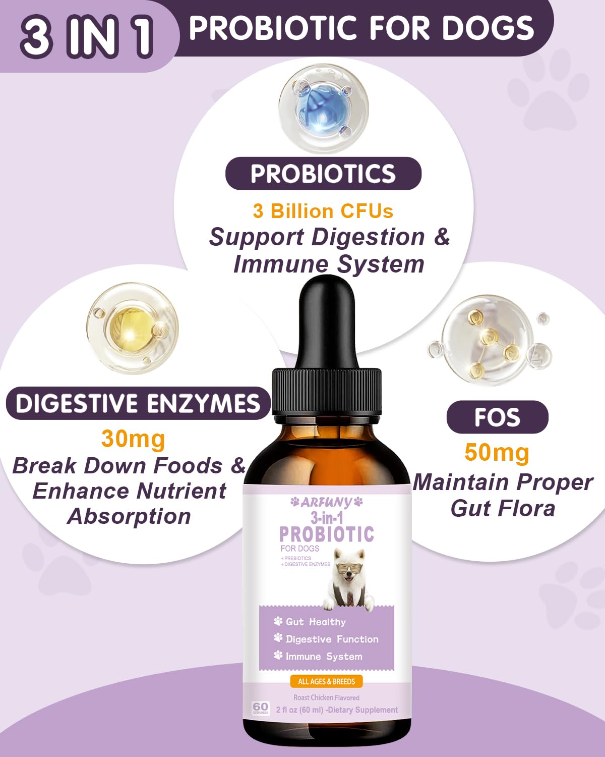 Probiotics for Dog | 60ML Liquid Probiotics for Dogs Support Gut Flora, Digestive Health & Diarrhea| Dog Digestive Enzymes & Prebiotics | Dogs Probiotics Allergies & Itchy Skin Relief | Roast Chicken