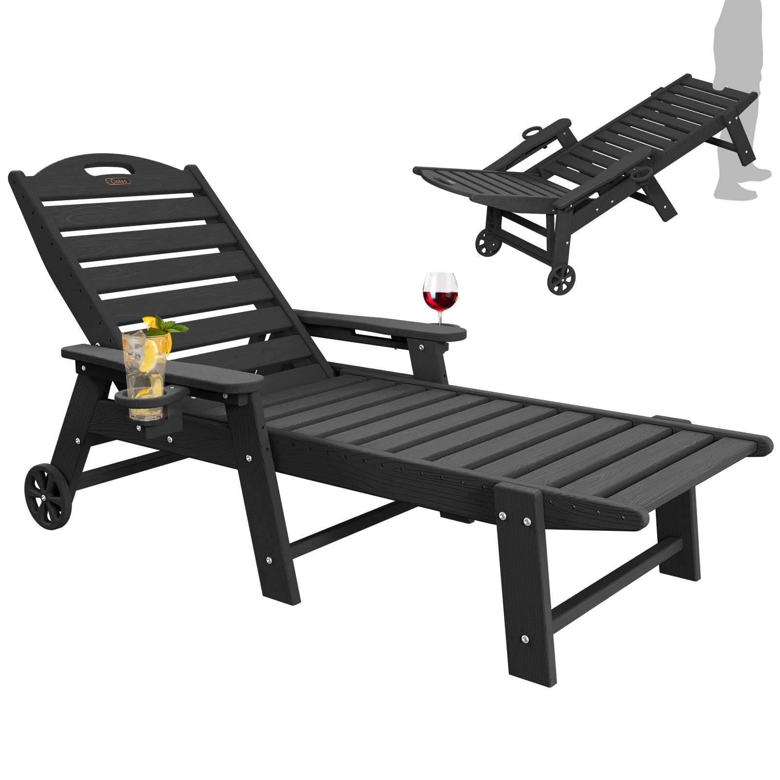 Chaise Lounge Chair Outdoor with Wheels, Double Cup Holders Adjustable 5-Position Chaise Lounge Outdoor with Wood Texture, Patio Lounge Chair for Poolside Backyard, Black