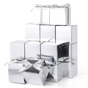 vgoodall 50pcs party favor boxes, small gift boxes mini gift boxes with ribbons 3 x 3 x 3 inches tiny cardboard boxes treat boxes for wedding birthday party silver