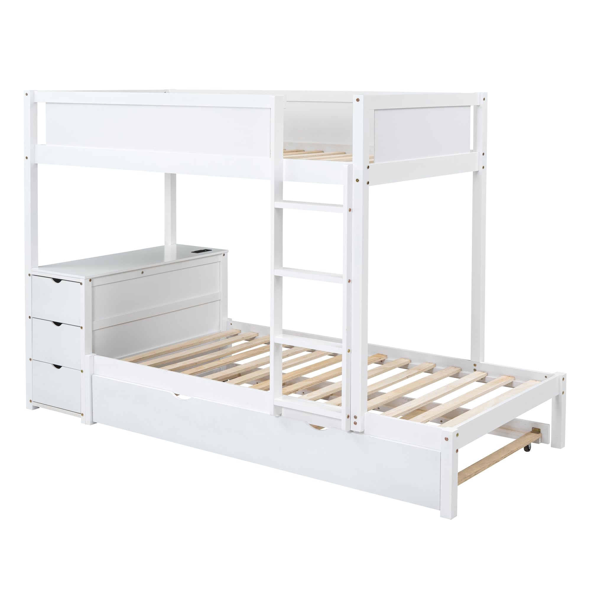 Harper & Bright Designs Twin Over Twin Bunk Beds with Desk, Storage Drawers and Trundle, Wooden Bunk Bed Frame with Charging Station for Kids Teens, Girls Boys, White