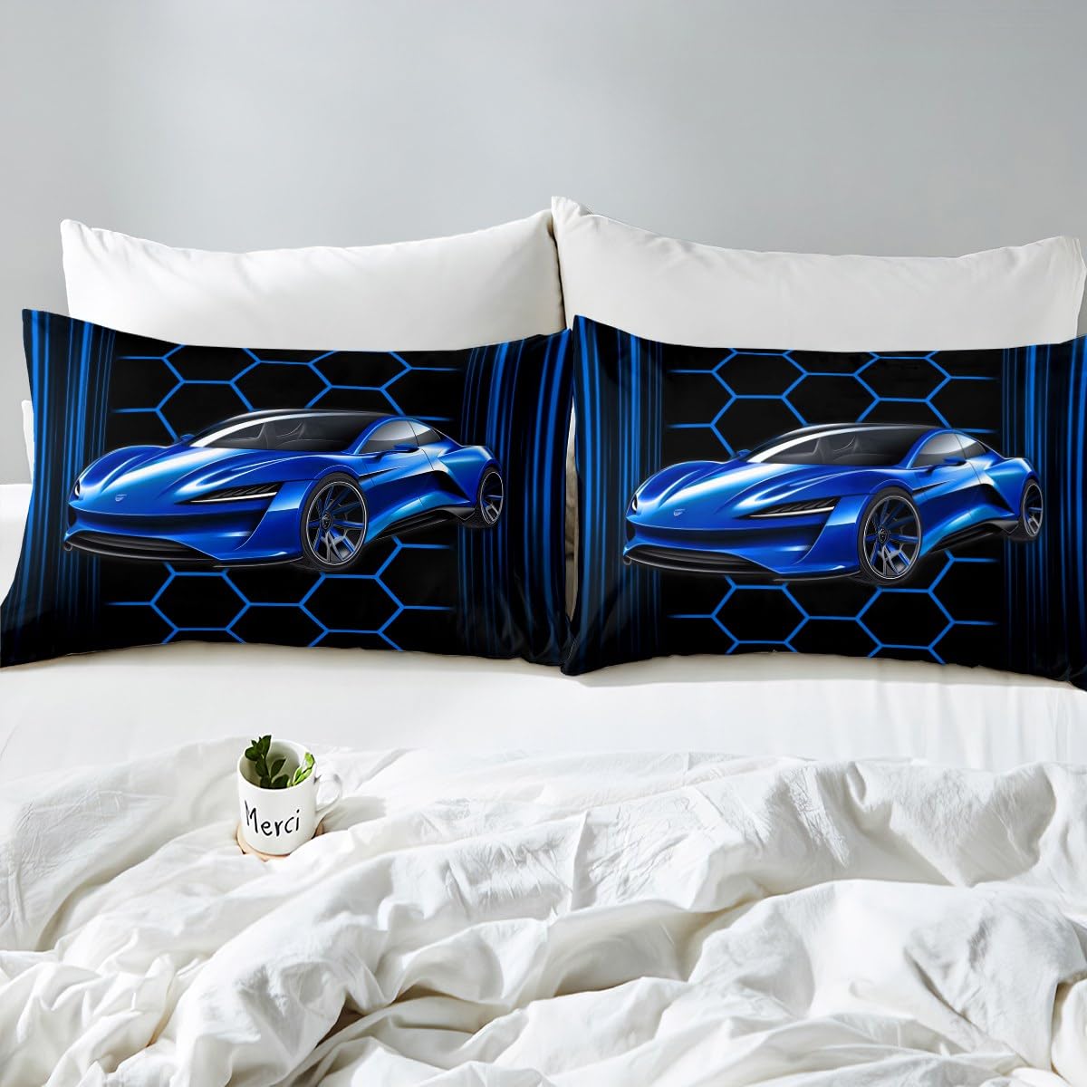 Honeycomb Geometry Full Size Fitted Sheet,Extreme Sports Theme 3 Pieces Kids Teenager Room Decor Blue Race Car Pocket 2 Pillowcases