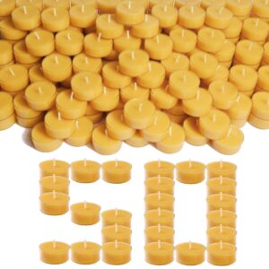 pure beeswax tealight candles | 50 pack natural unscented beeswax candles, long burning 4+ hours clean burning, yellow