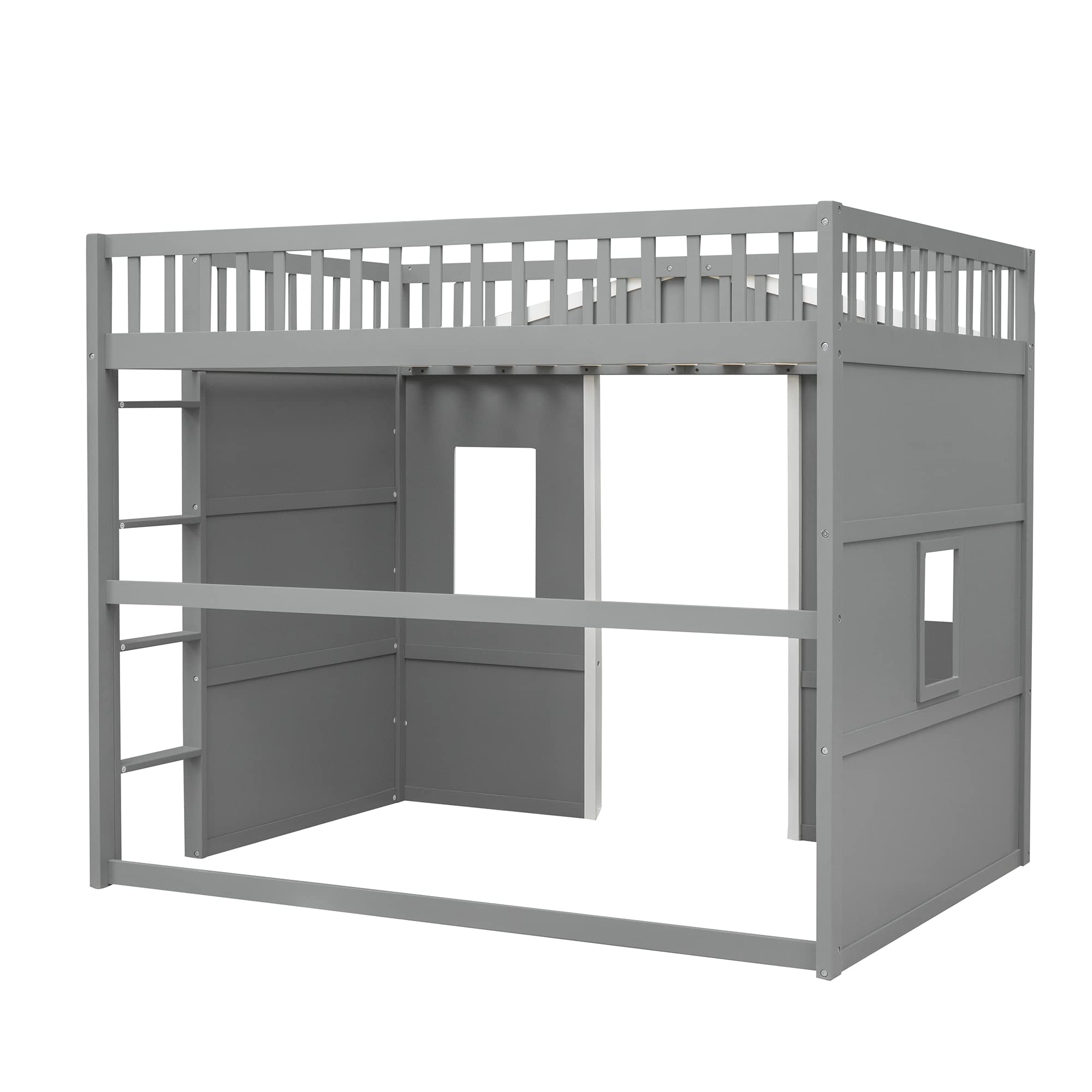 Harper & Bright Designs House Loft Bed Full Size Kids Playhouse Bed, Solid Wood Loft Bed Frame with Window and Ladder, for Girls Boys (Full Size, Gray+White)