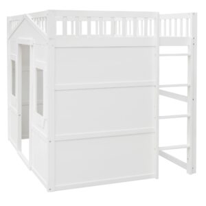 Harper & Bright Designs House Loft Bed Full Size Kids Playhouse Bed, Solid Wood Loft Bed Frame with Window and Ladder, for Girls Boys (Full Size, White)