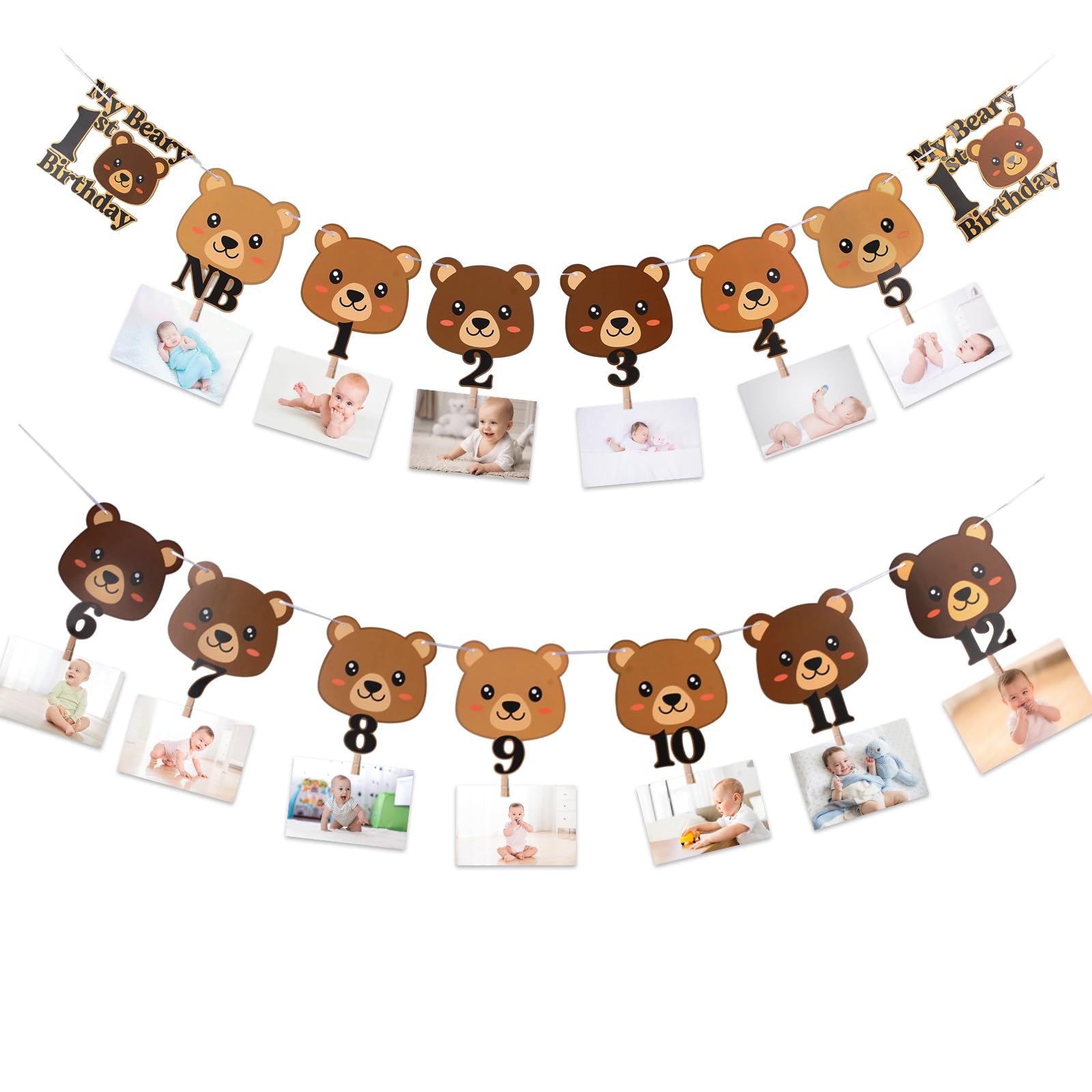 Beary First Birthday Party Banner Cute Bear Monthly Photo Banner for Newborn to 12 Months Photograph 1st Birthday Milestone Photo Banner Bear Photo Display Garland for Boys Girls First Birthday Party