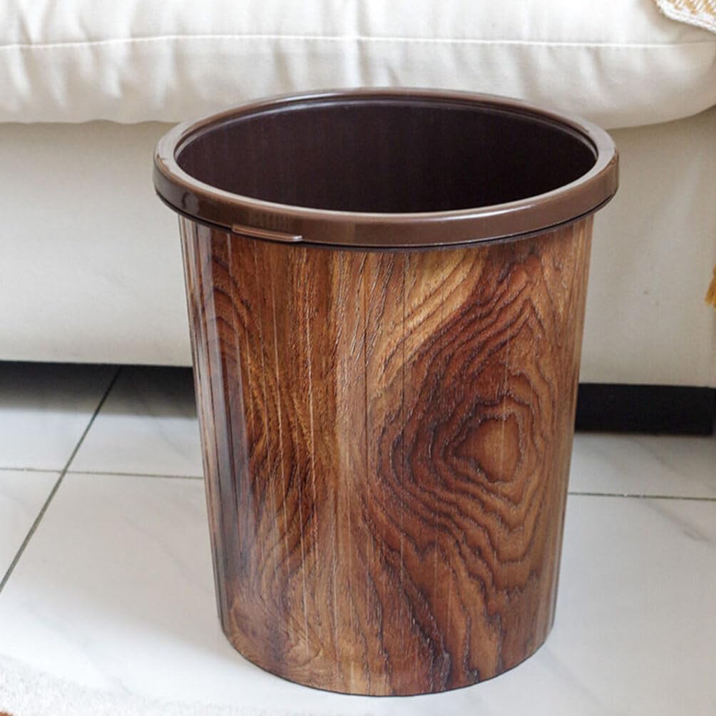 HOLIDYOYO Plastic Trash Can 10L Imitation Wood Grain Trash Can Decorative Round Wastebasket Open Top Garbage Container Bin for Bathrooms Kitchen Bedroom Home Office Brown