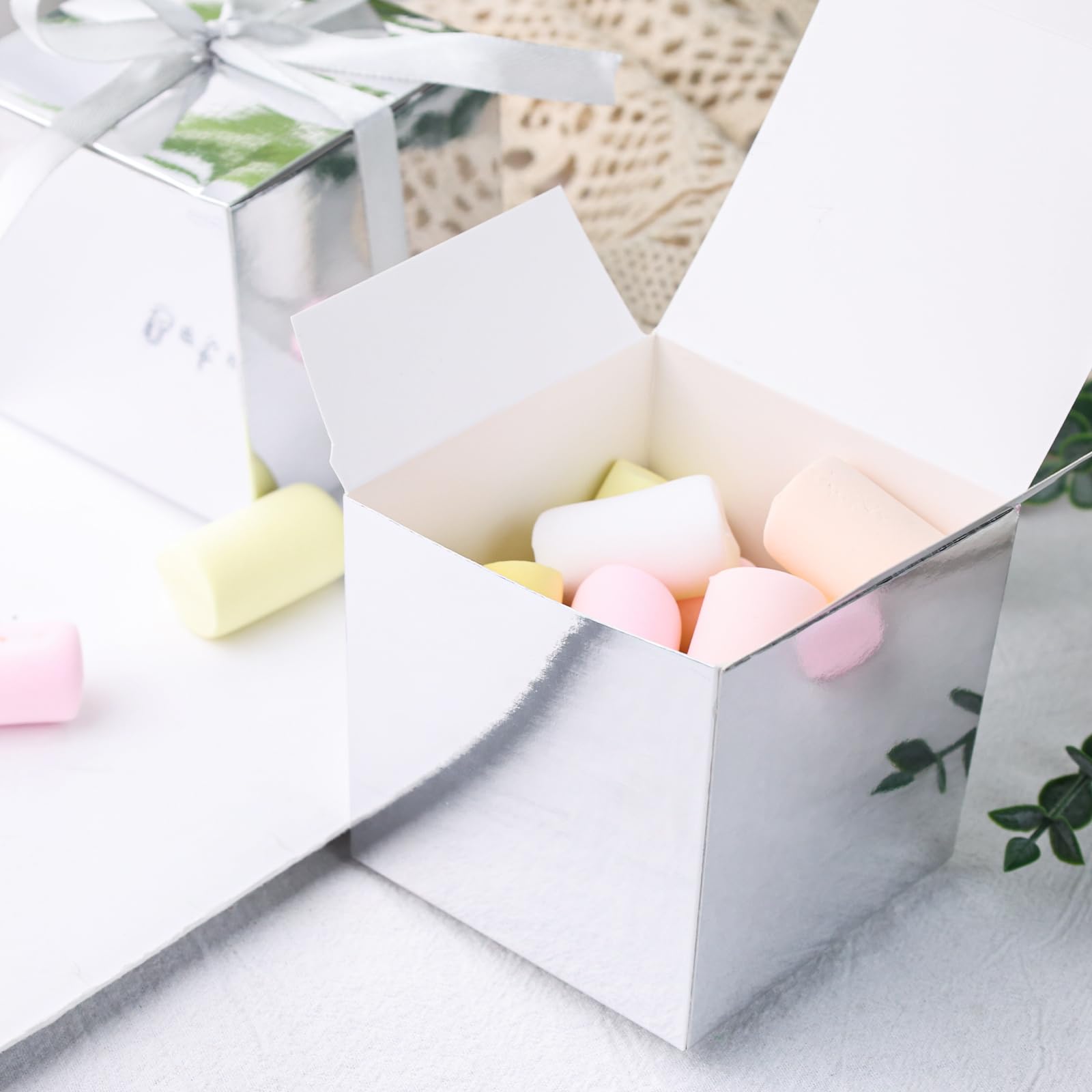 VGOODALL 50PCS Party Favor Boxes, Small Gift Boxes Mini Gift Boxes with Ribbons 3 x 3 x 3 inches Tiny Cardboard Boxes Treat Boxes for Wedding Birthday Party Silver