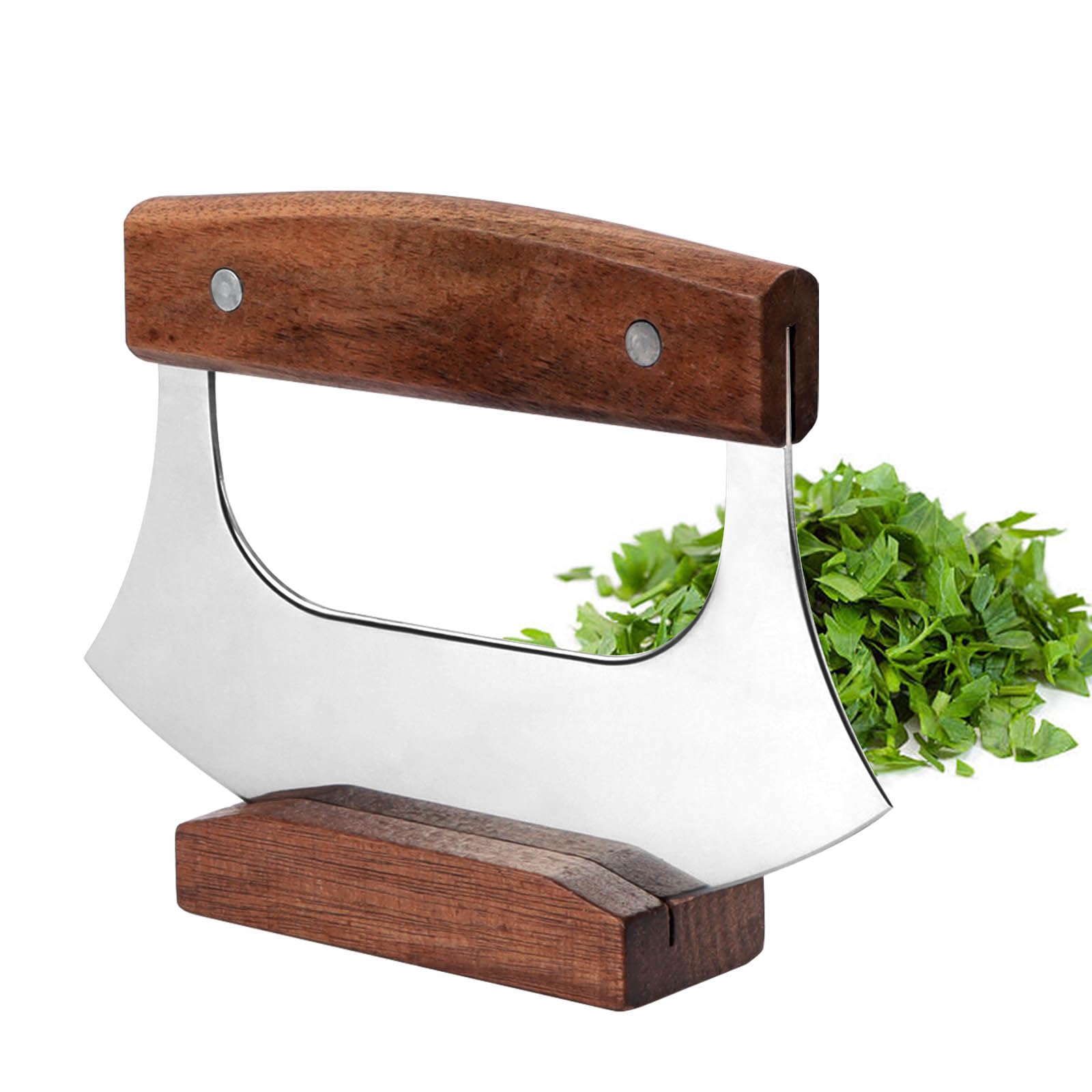 KAYCROWN Mezzaluna Ulu Knife, Pizza Cutter Rocker, Alaskan Ulu Knife with Wooden Stand, Mezzaluna Knife Salad Veggies Rocker Chopper Slicer Cutter Stainless Steel Blade, Kitchen Mincing Knives