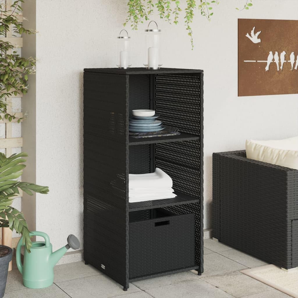 vidaXL Poly Rattan Patio Storage Cabinet - Weather-Resistant Outdoor Organizer with Shelves & Drawer for Cushions, Tools - Black, 19.7"x21.7"x45.3"