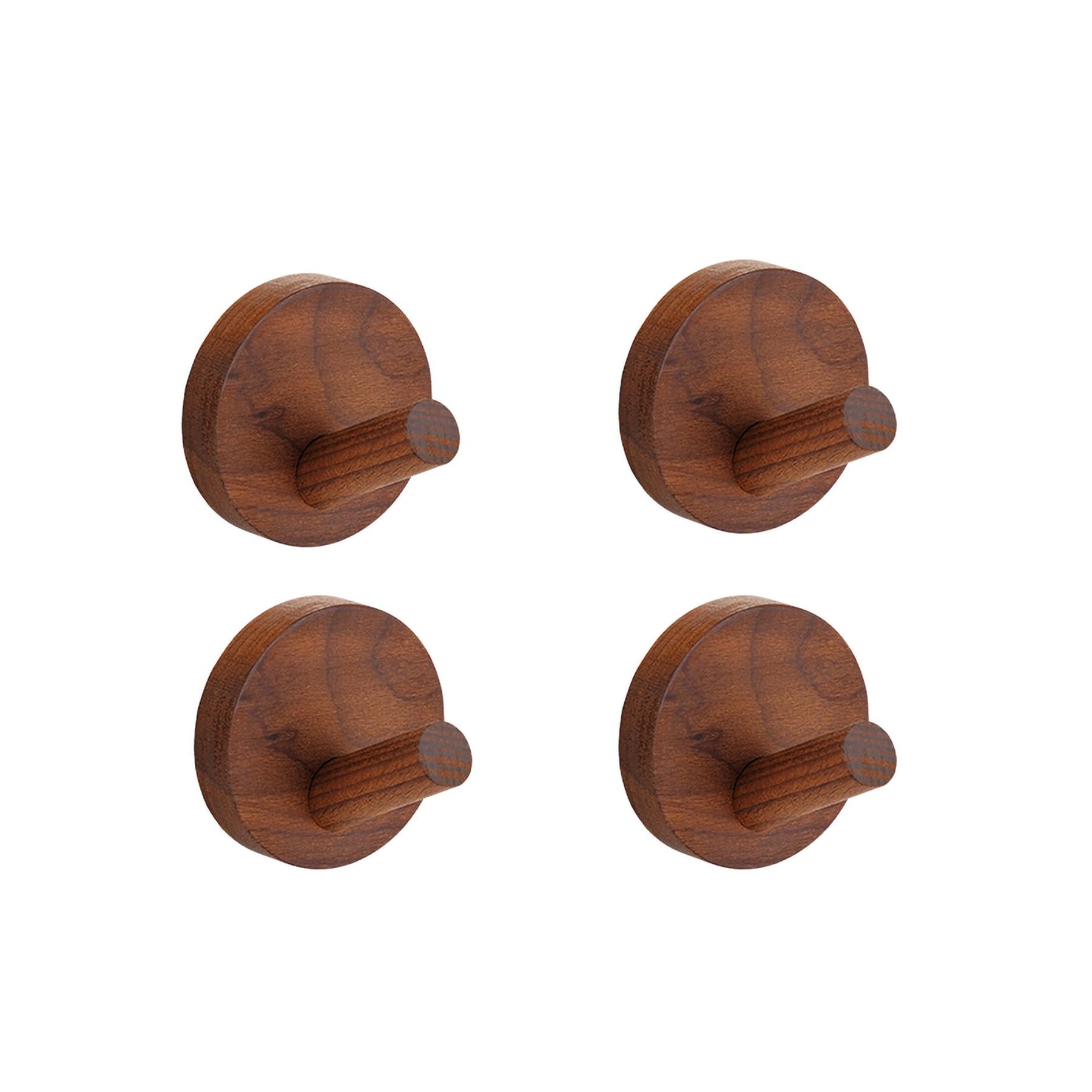 JATYP Adhesive Wooden Coat Hooks Wall Hooks 4 Pack, Seamless Heavy Duty Hooks,Wall Hangers for Hanging Coat Hat Cap Bag Clothes Towels Hanger (Walnut Wood)