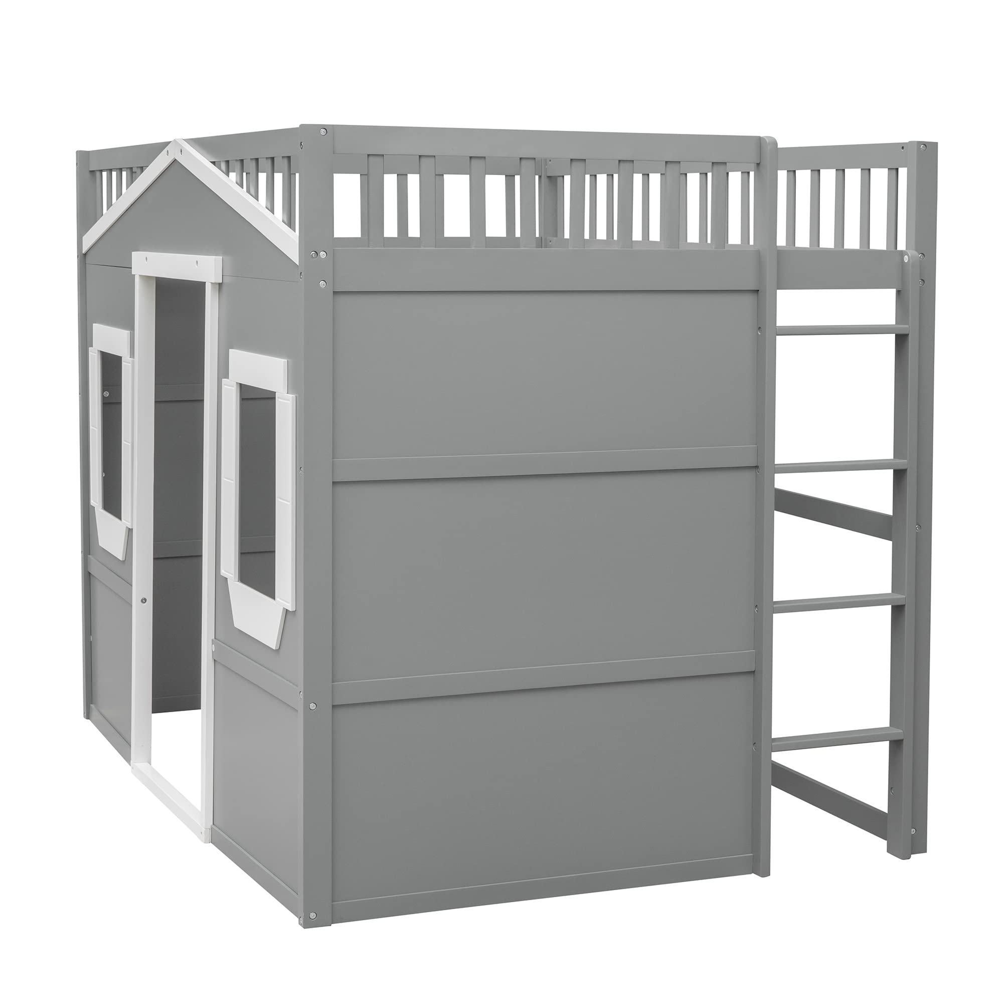 Harper & Bright Designs House Loft Bed Full Size Kids Playhouse Bed, Solid Wood Loft Bed Frame with Window and Ladder, for Girls Boys (Full Size, Gray+White)