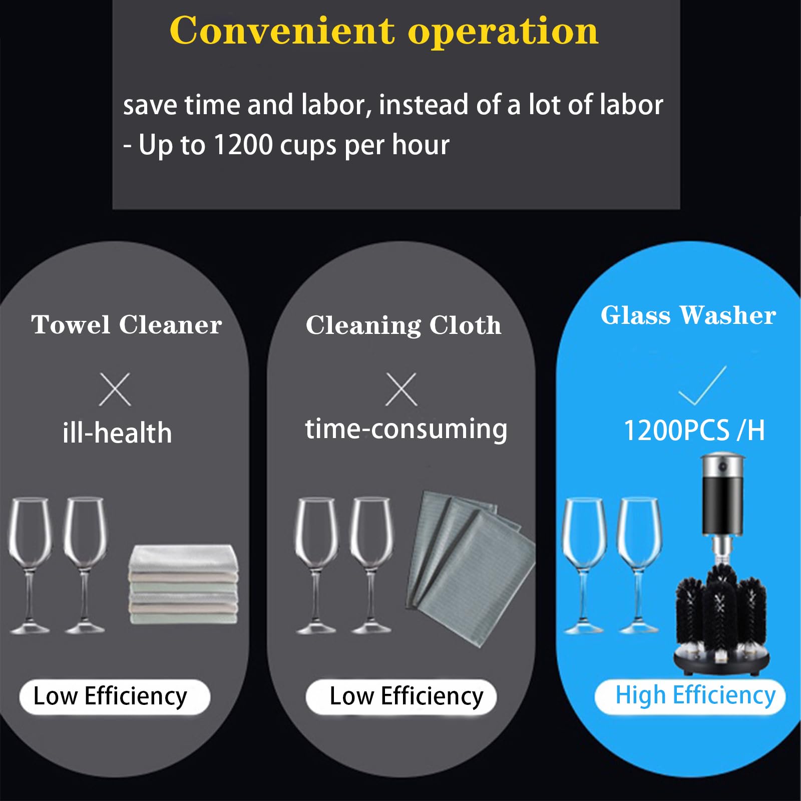 Electric Commercial Glass Washer, 5-Brush Electric Submersible Glass Washer, Winery Wine Glass Cleaning Machine, Perfect for Bars and Cafes, with 1800rpm No-load Speed, 1200 Cups/h, Black