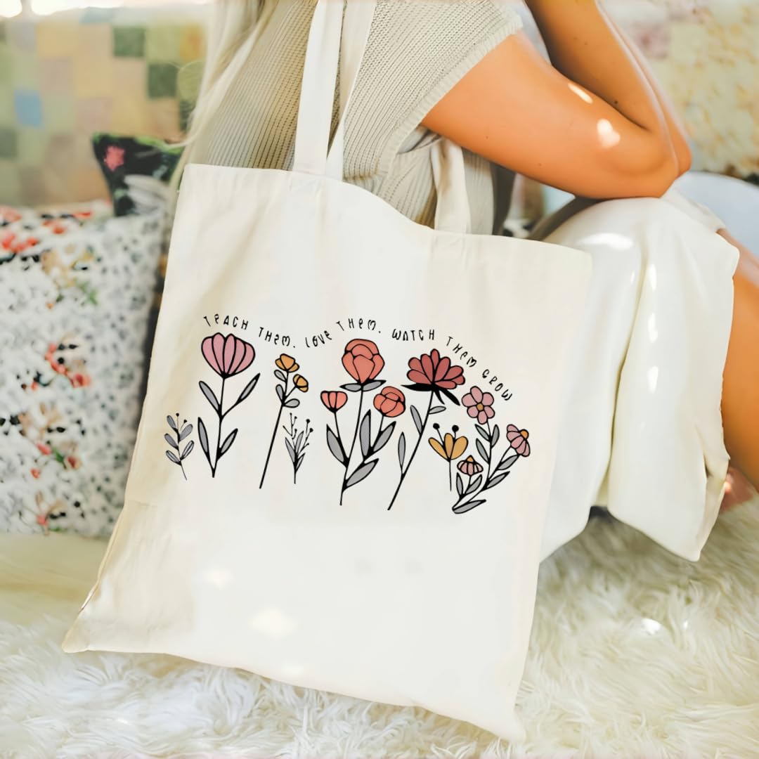 Glowave Canvas Tote Bag with Flower Pattern Teacher Tote Bag Beach Bag Cute Shopping Bags Shoulder Bag Reusable Grocery Bags