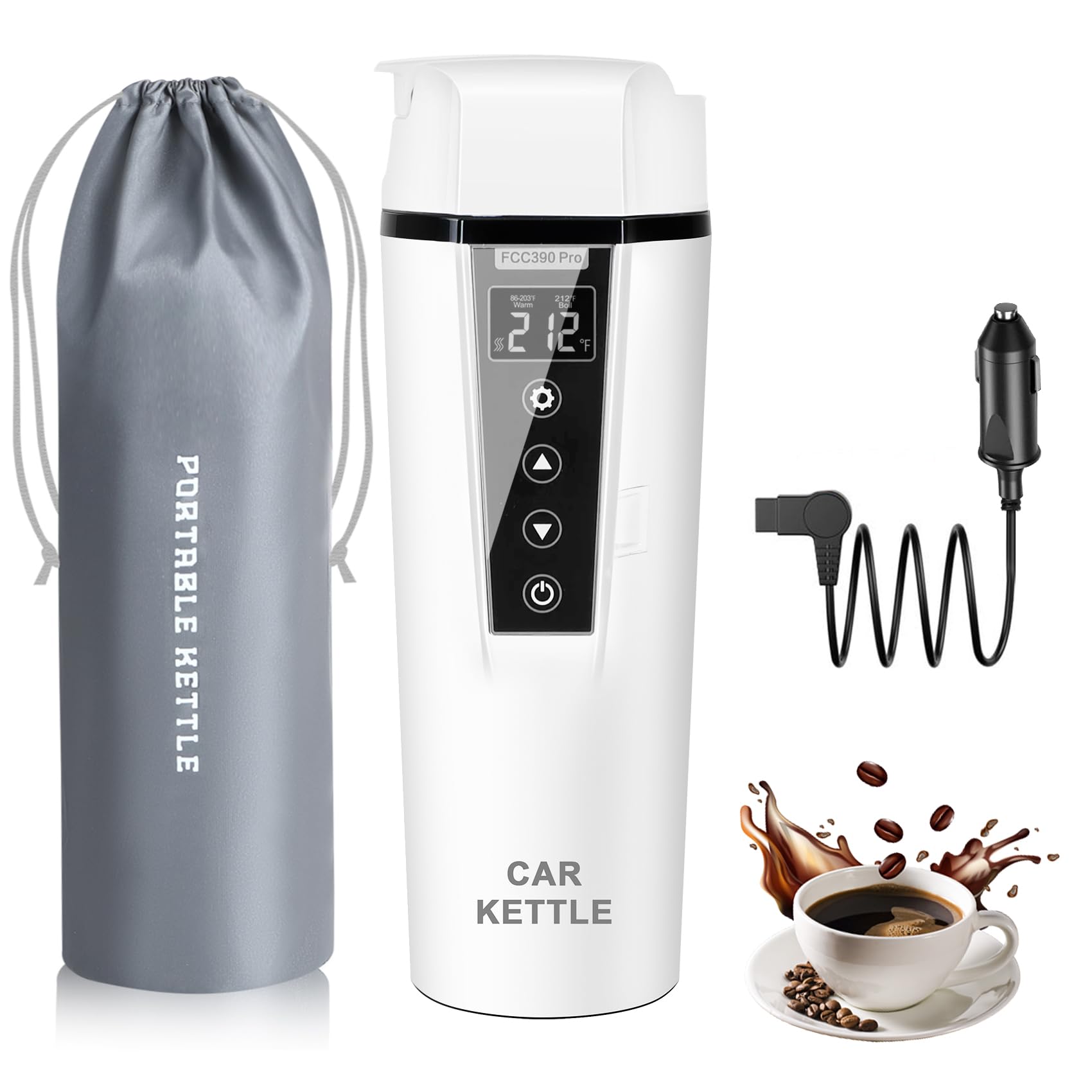 Car Electric Kettle: 12V/24V Portable Water Boiler Heated Travel Mug,Multiple Temperature Adjustable Coffee Tea Truck Cup with 304 Stainless Steel Dry Burn Protection & Handy Cup Bag