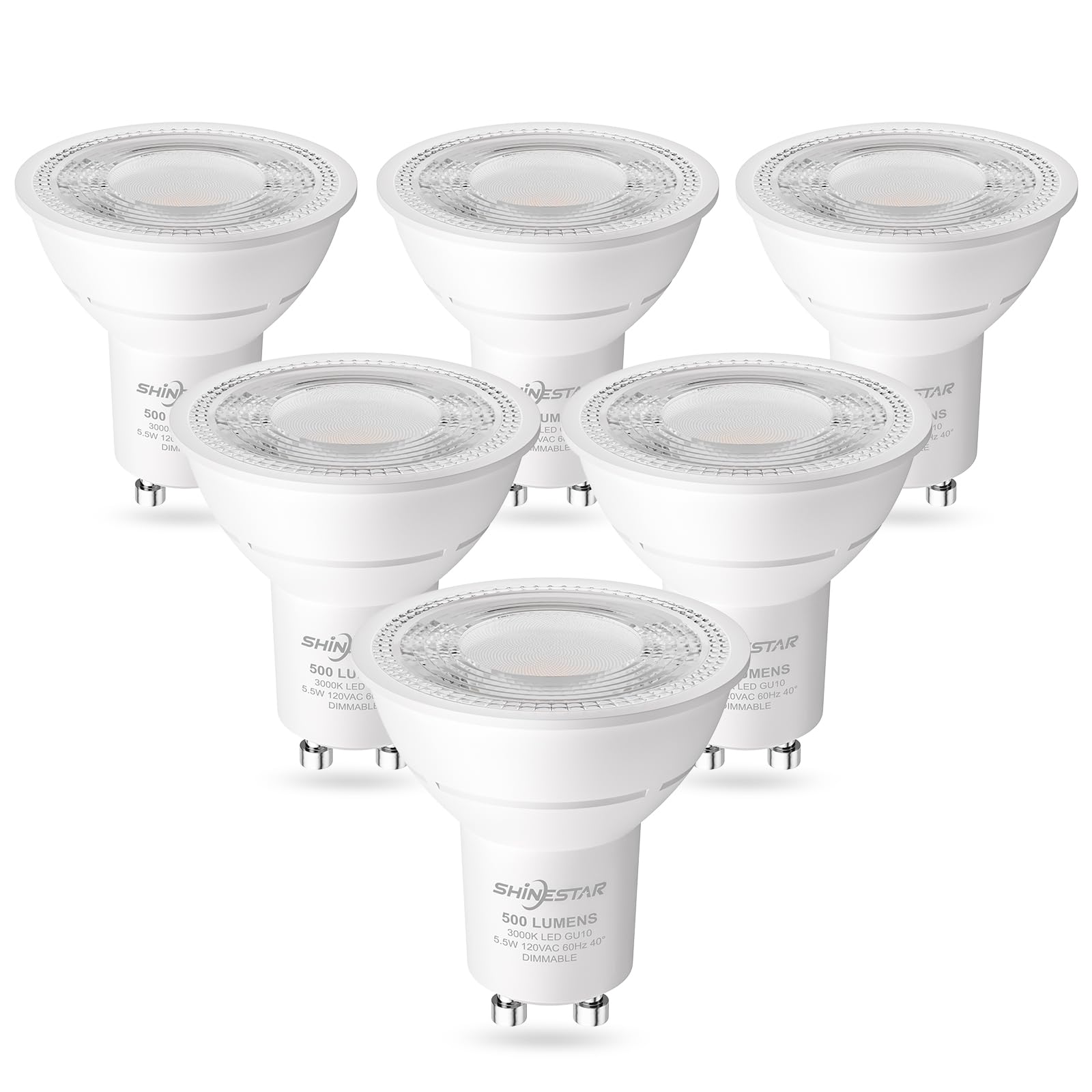 SHINESTAR 6-Pack MR16 LED Bulb, GU10 Base, 5.5W (50W Equivalent), 3000K Warm White, Dimmable Spotlight Bulb