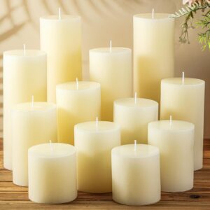 shihanee 12 pcs christmas pillar candles 3" diameter dripless unscented fireplace candle rustic scentless candles with smokeless cotton wick long burning candles for xmas wedding home (ivory white)