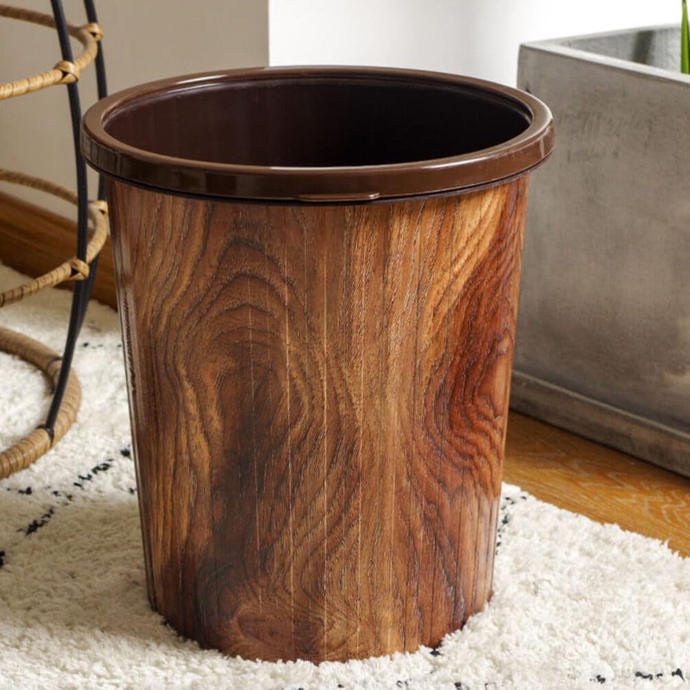 HOLIDYOYO Plastic Trash Can 10L Imitation Wood Grain Trash Can Decorative Round Wastebasket Open Top Garbage Container Bin for Bathrooms Kitchen Bedroom Home Office Brown