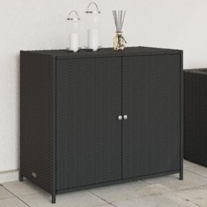 vidaXL Black Poly Rattan Outdoor Storage Cabinet with Powder-Coated Steel Frame – Ample Garden/Patio Organizing Space, Weather-Resistant